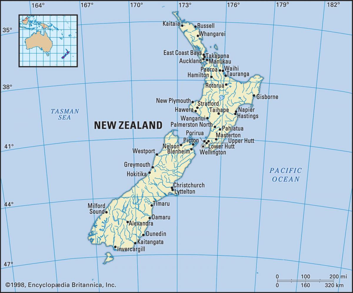 Karte von Neuseeland mit den wichtigsten Städten