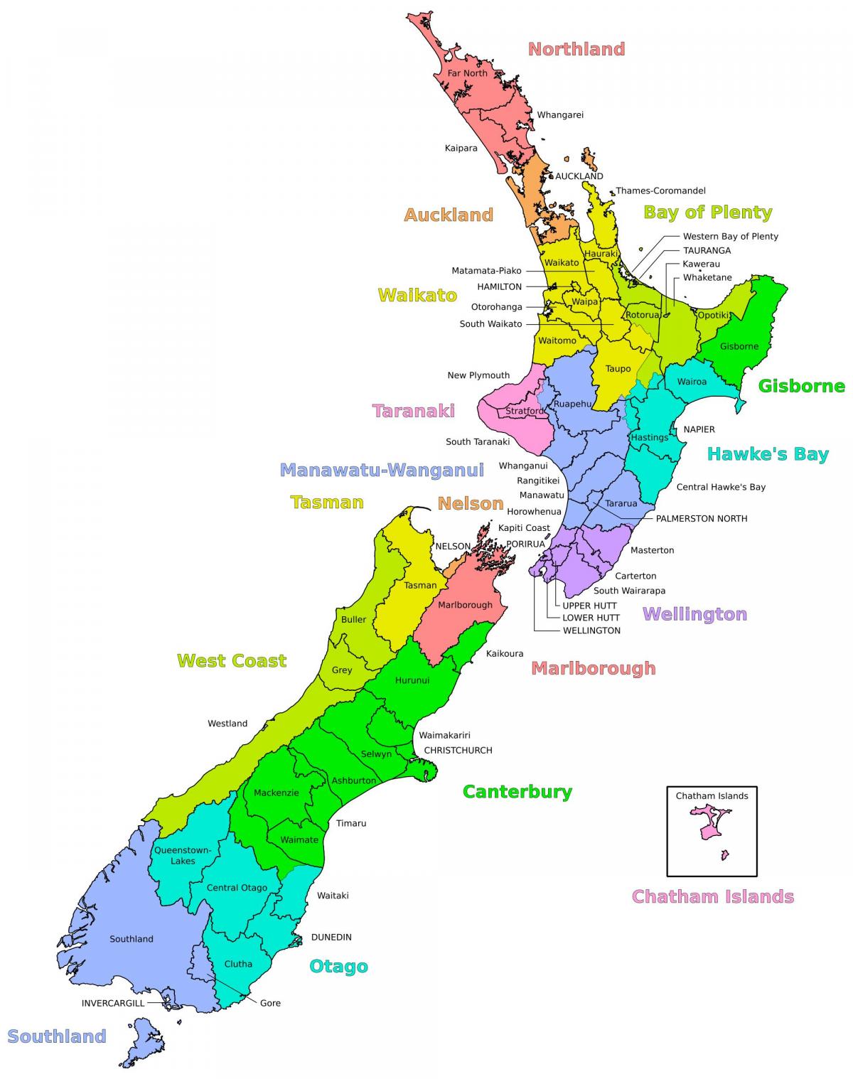 Karte der Gebiete in Neuseeland